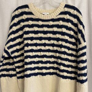 J. Jill blue and cream colored striped sweater, size Medium Petite.